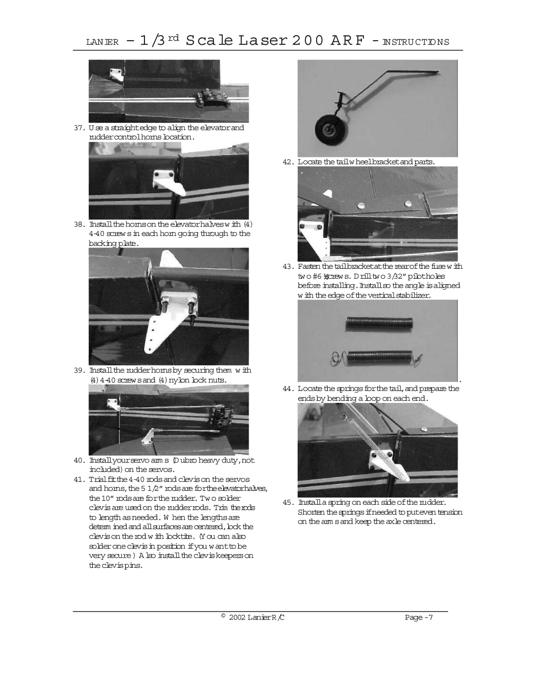 Lanier LASER 200 warranty Locatethetailwheelbracketand parts, Trialfitthe4-40 rodsand clevison the servos 