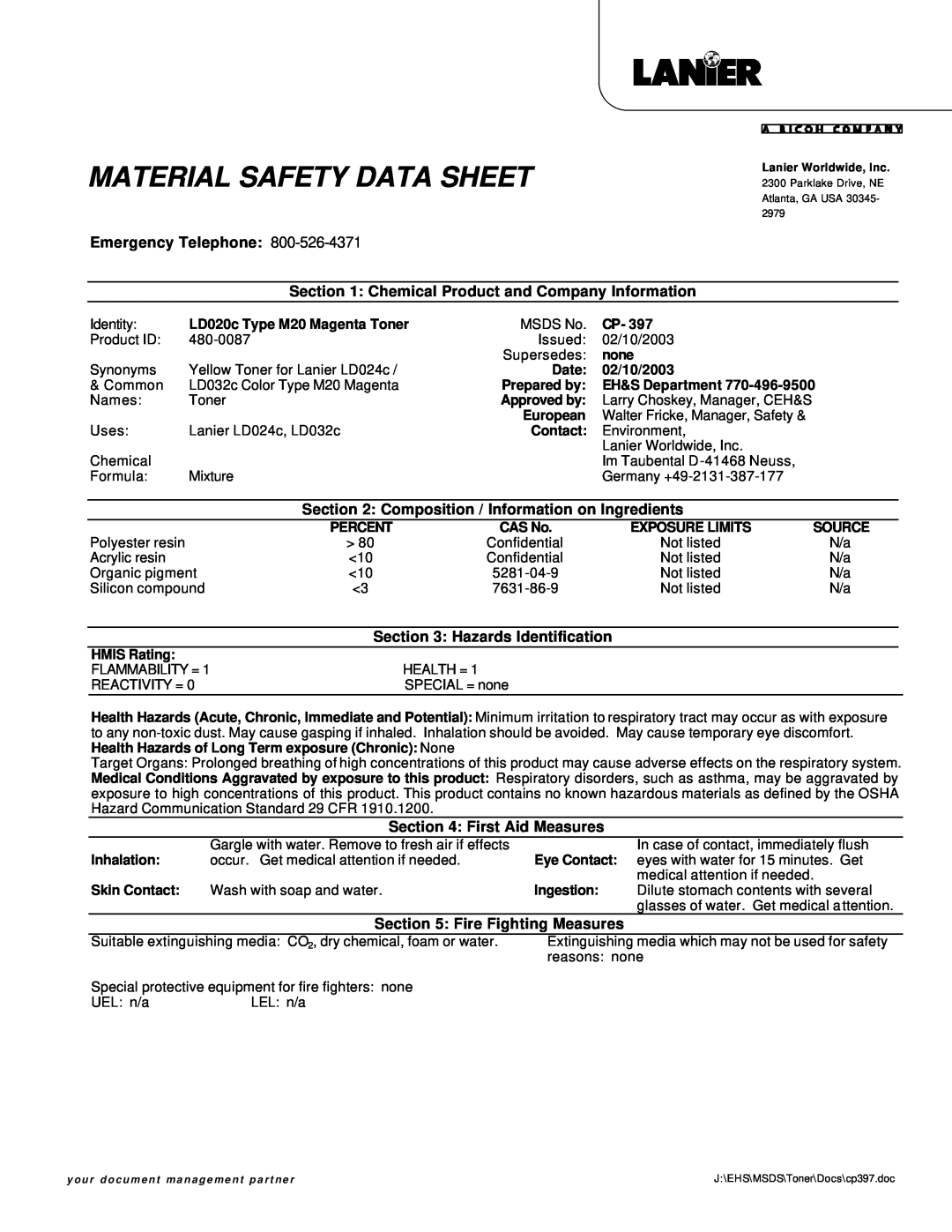 Lanier LD020C manual Material Safety Data Sheet, Emergency Telephone, Hazards Identification, First Aid Measures 