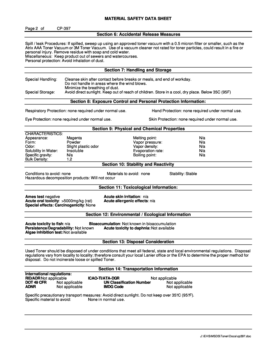 Lanier LD020C manual Material Safety Data Sheet 