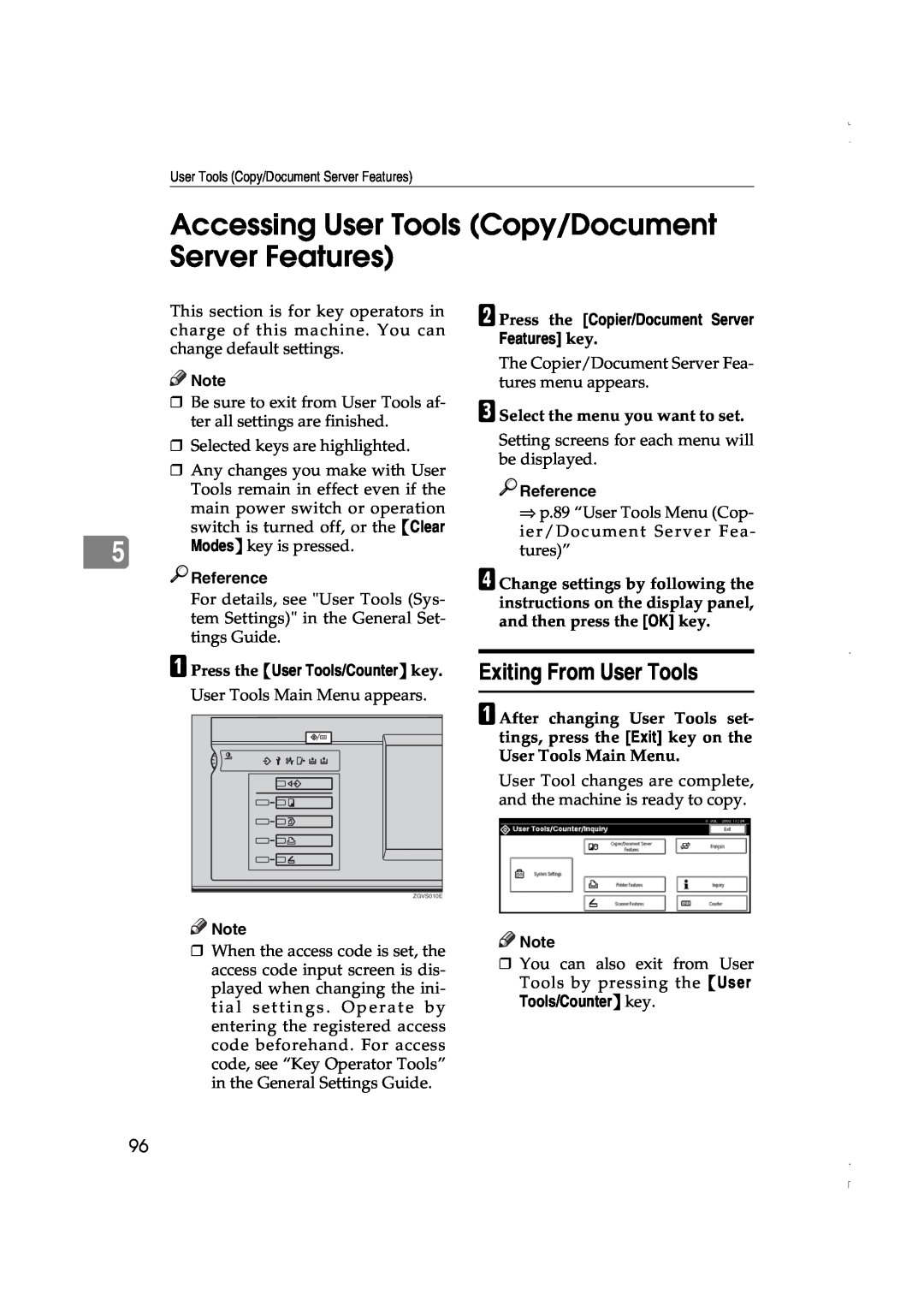 Lanier LD075 Accessing User Tools Copy/Document Server Features, Exiting From User Tools, Modes key is pressed, Reference 