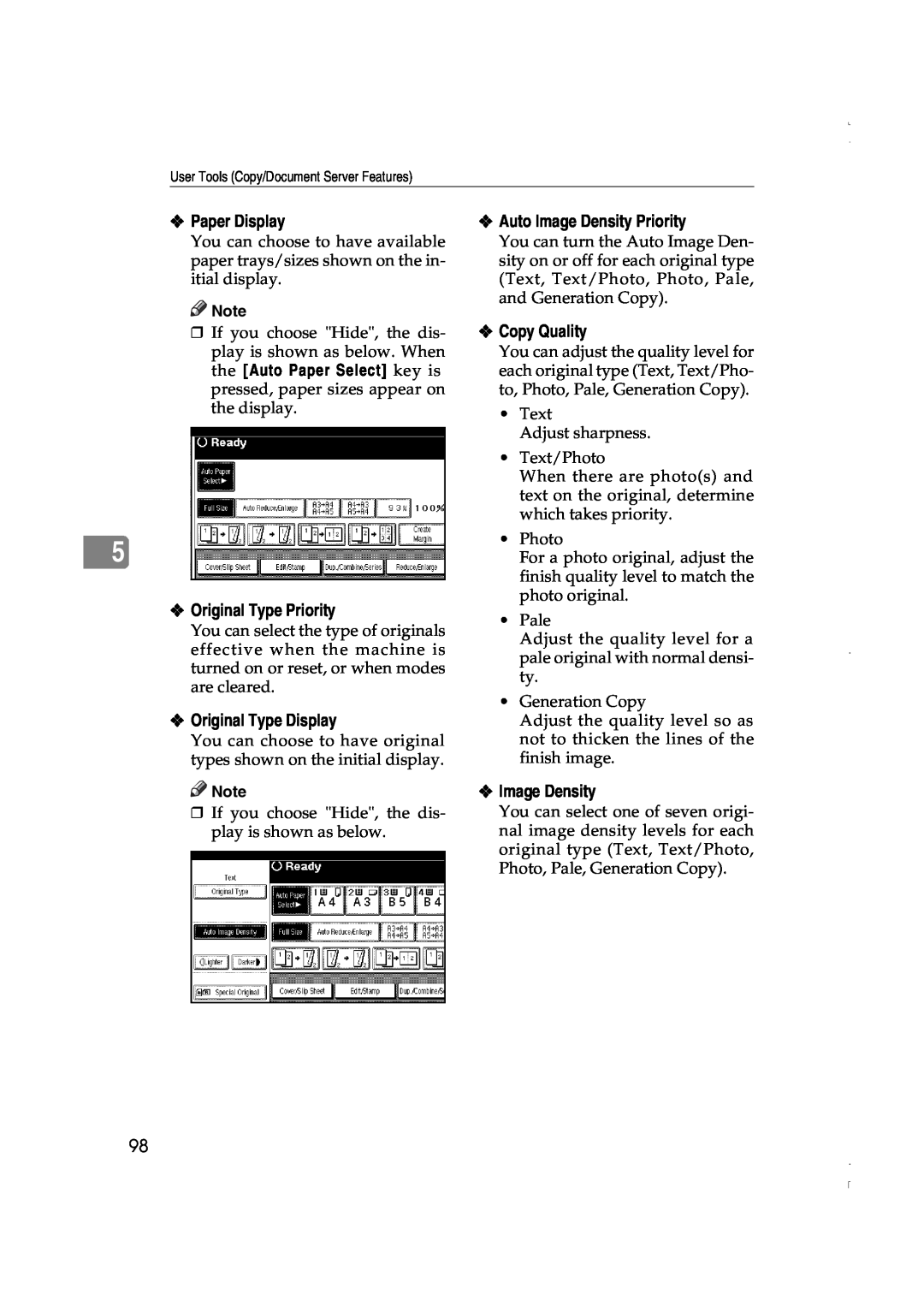 Lanier LD075 manual Paper Display, Original Type Priority, Original Type Display, Auto Image Density Priority, Copy Quality 