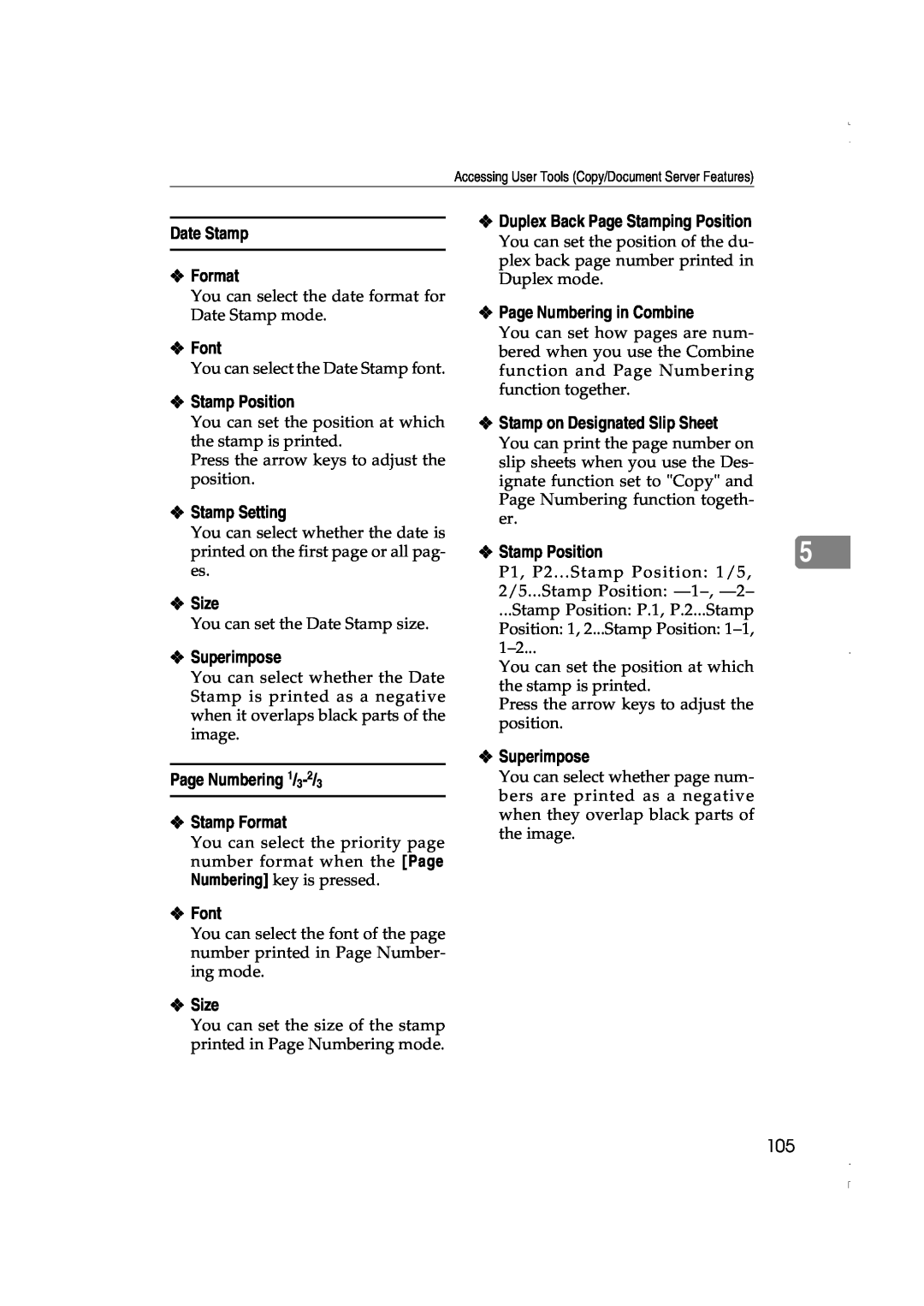 Lanier LD060, LD075 manual Date Stamp Format, Font, Stamp Setting, Size, Superimpose, Page Numbering 1/3-2/3 Stamp Format 