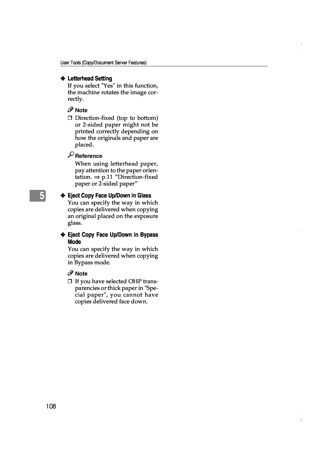 Lanier LD075 manual Letterhead Setting, Eject Copy Face Up/Down in Bypass Mode, Reference, Eject Copy Face Up/Down in Glass 
