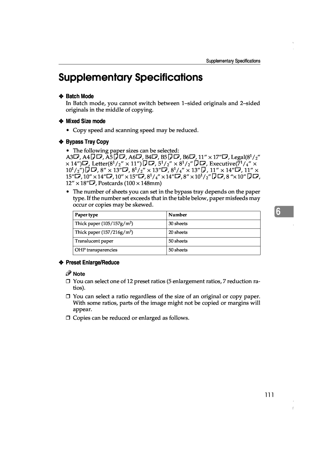 Lanier LD060, LD075 Supplementary Specifications, Batch Mode, Bypass Tray Copy, Preset Enlarge/Reduce, Mixed Size mode 