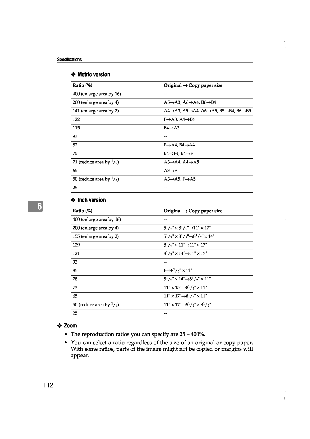 Lanier LD075, LD060 manual Zoom, Metric version, Inch version, Ratio %, Original → Copy paper size 