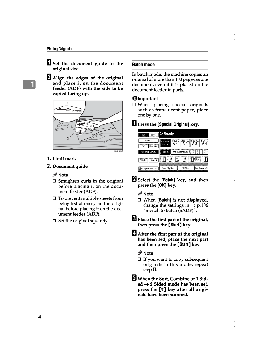 Lanier LD075, LD060 manual Batch mode, A Set the document guide to the original size, B Align the edges of the original 