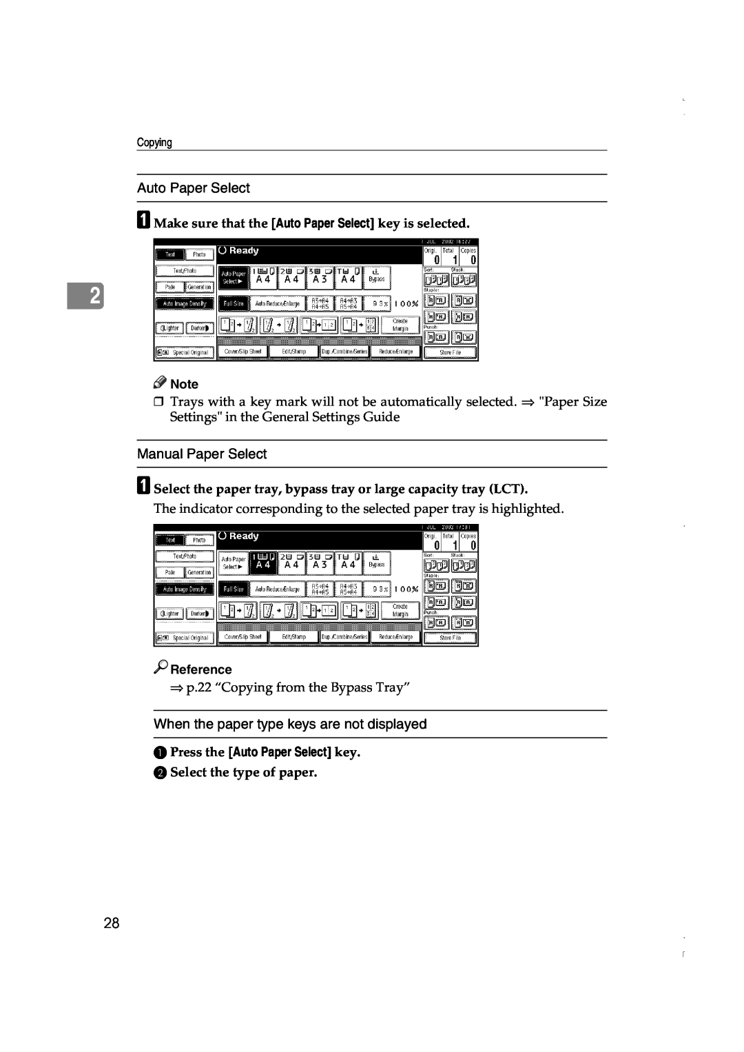 Lanier LD075, LD060 manual Auto Paper Select, Manual Paper Select, When the paper type keys are not displayed, Reference 