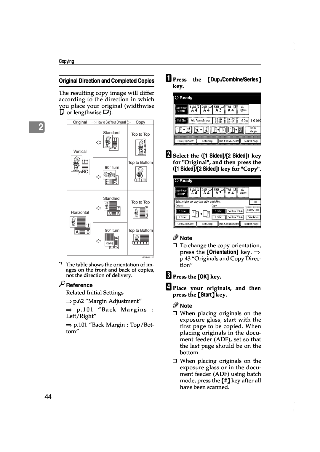 Lanier LD075 manual A Press the Dup./Combine/Series, Reference, C Press the OK key, Original Direction and Completed Copies 