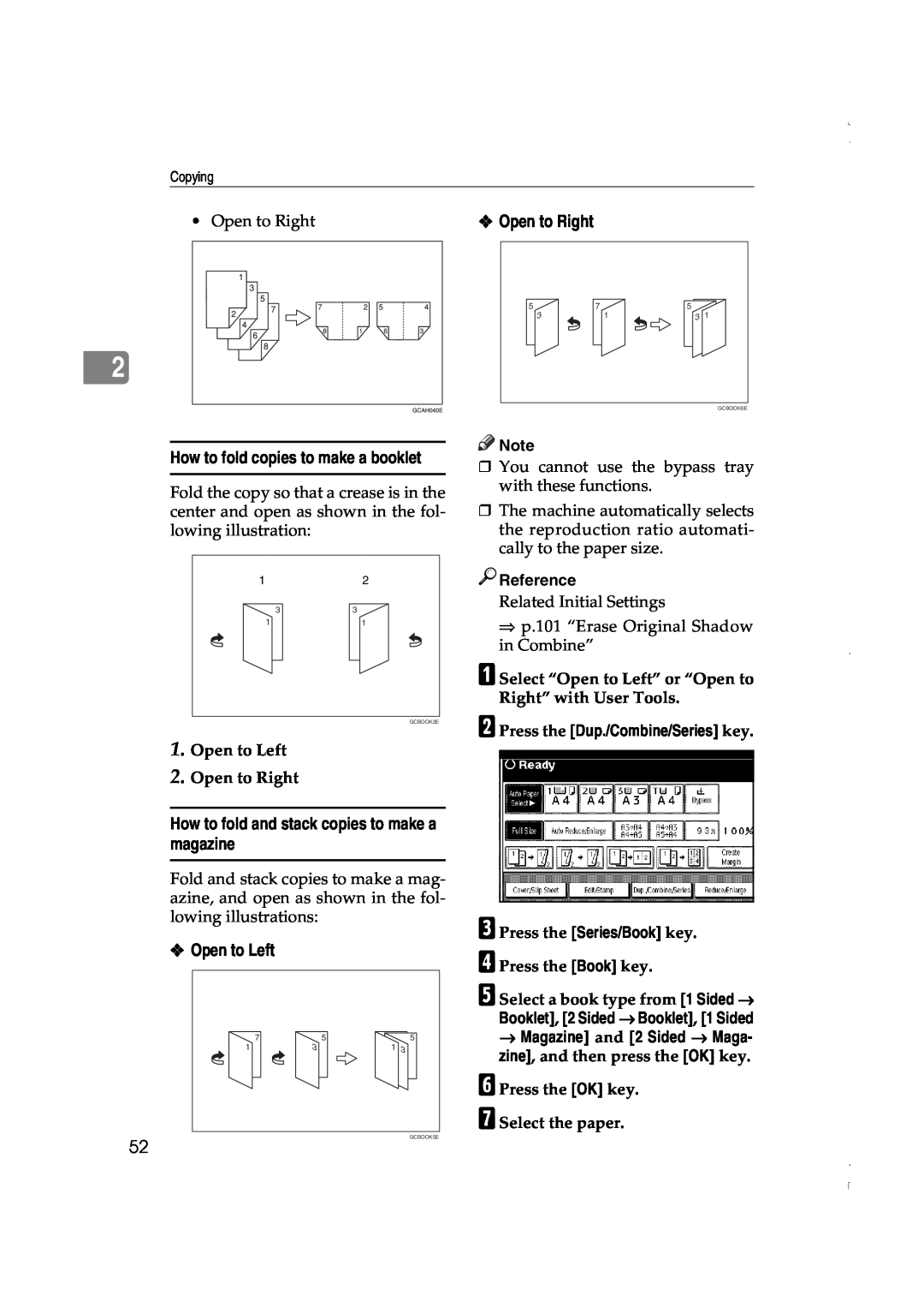 Lanier LD075, LD060 manual How to fold and stack copies to make a magazine, Open to Left 2. Open to Right, Reference 