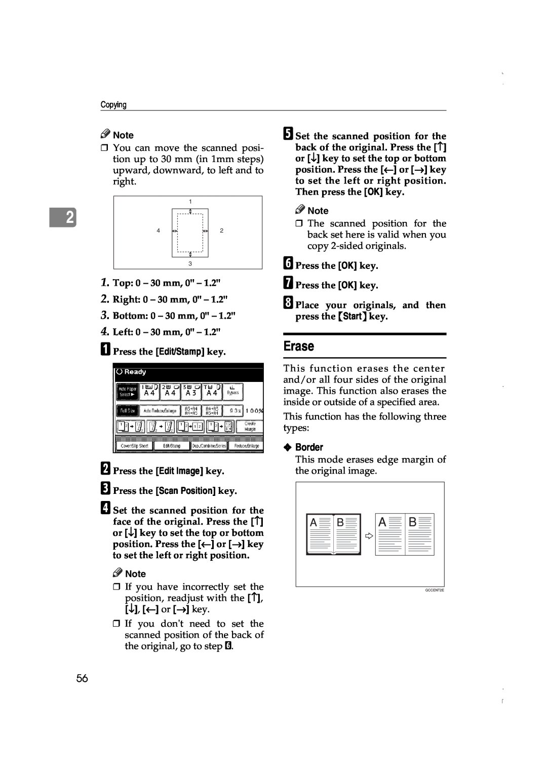 Lanier LD075, LD060 manual Erase, Border, Top 0 - 30 mm, 0 2. Right 0 - 30 mm, 0 3. Bottom 0 - 30 mm, G Press the OK key 