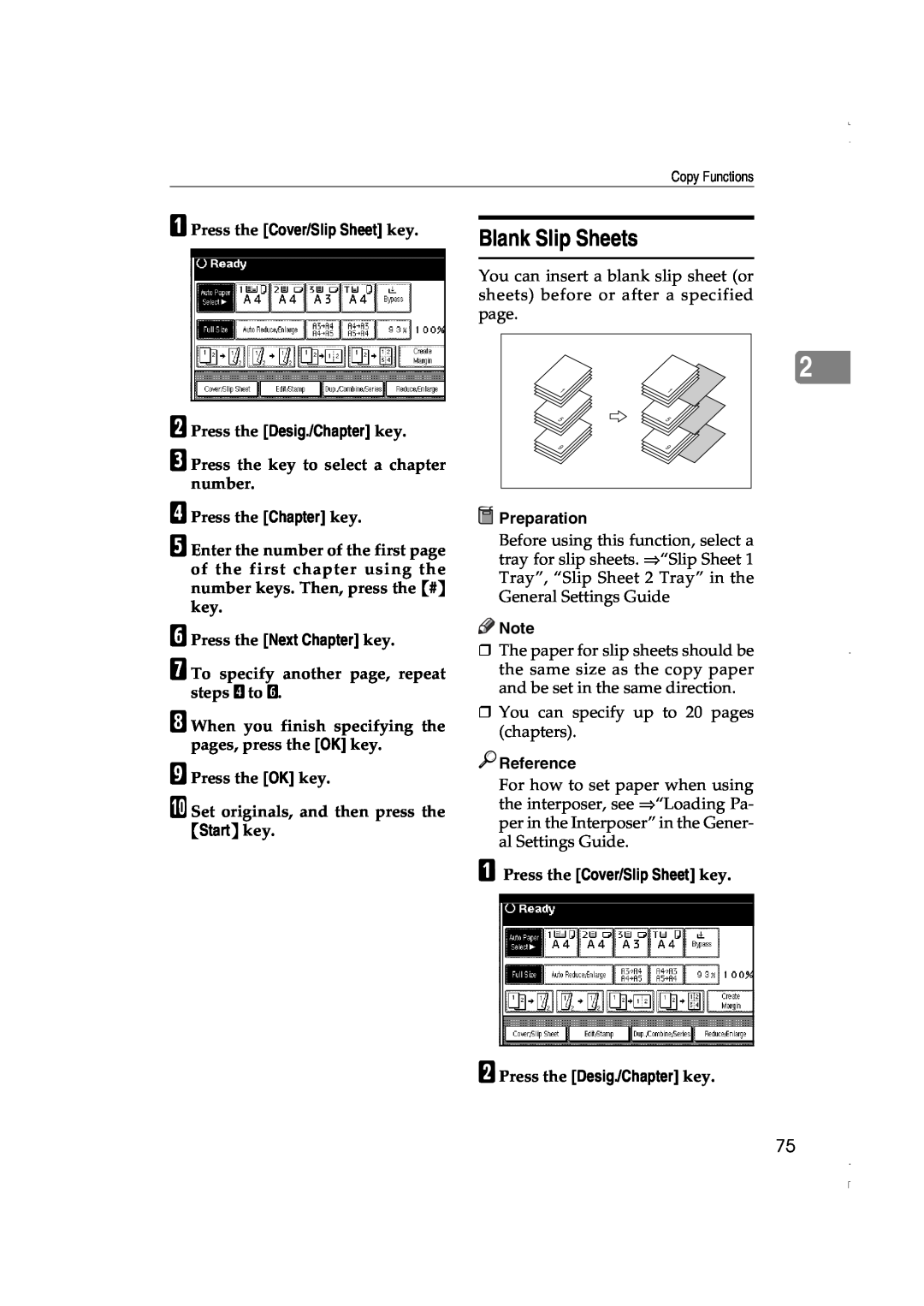 Lanier LD060 Blank Slip Sheets, A Press the Cover/Slip Sheet key B Press the Desig./Chapter key, Start key, Preparation 