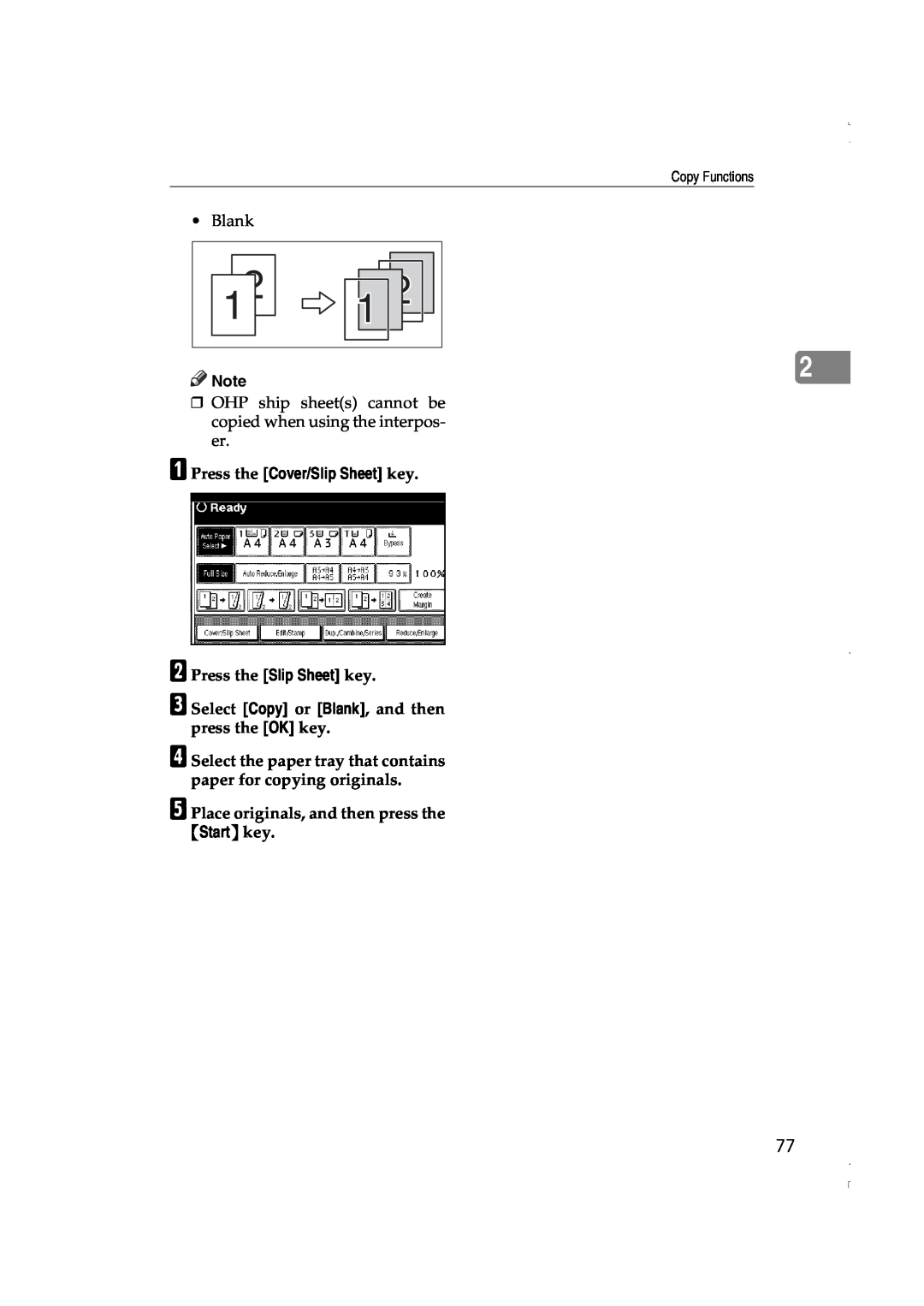 Lanier LD060, LD075 manual B Press the Slip Sheet key, C Select Copy or Blank, and then press the OK key, Start key 