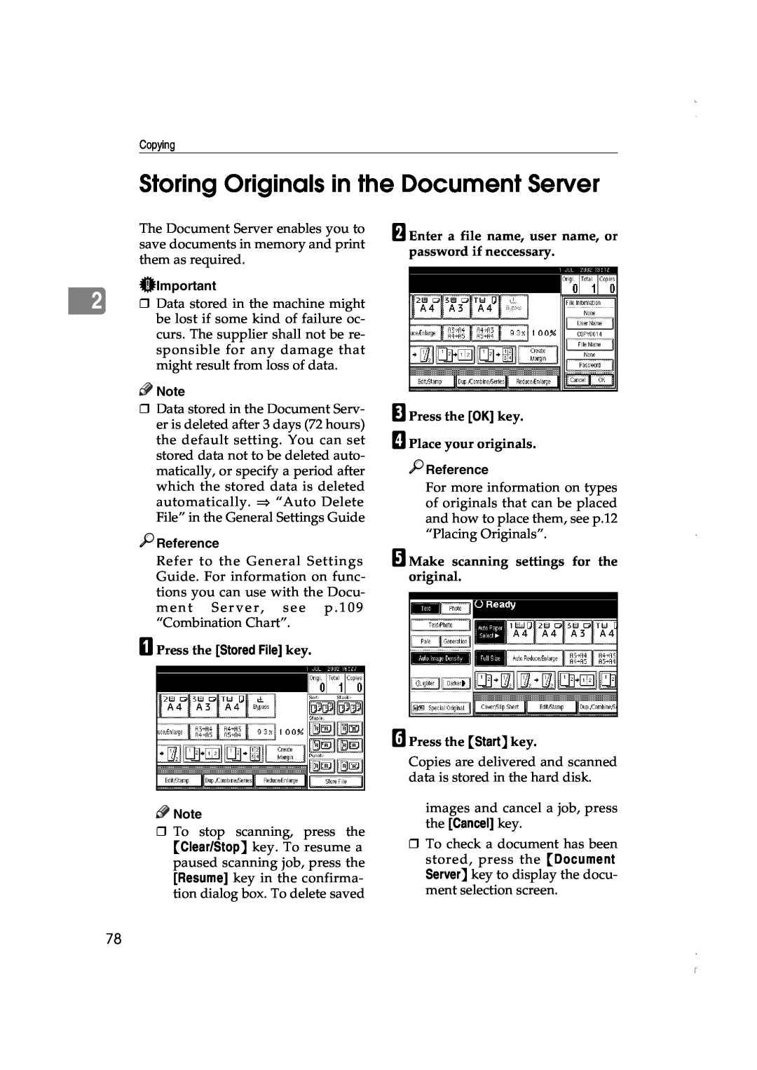 Lanier LD075, LD060 manual Storing Originals in the Document Server, A Press the Stored File key, Reference 