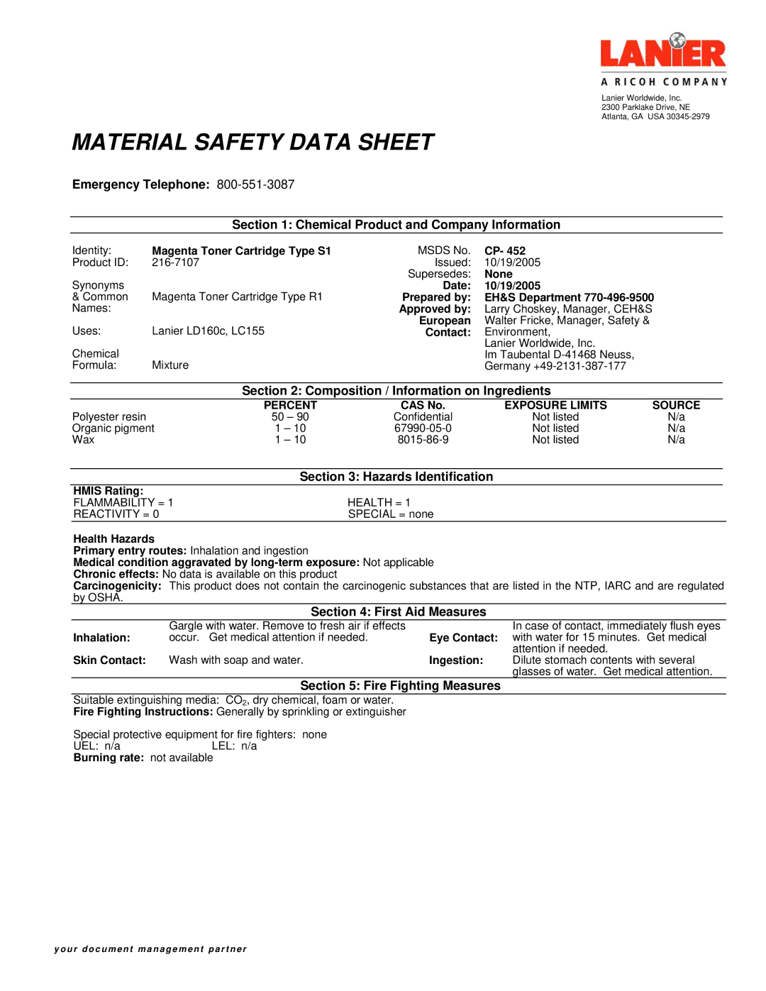 Lanier LD160C manual Composition / Information on Ingredients, Hazards Identification, First Aid Measures 