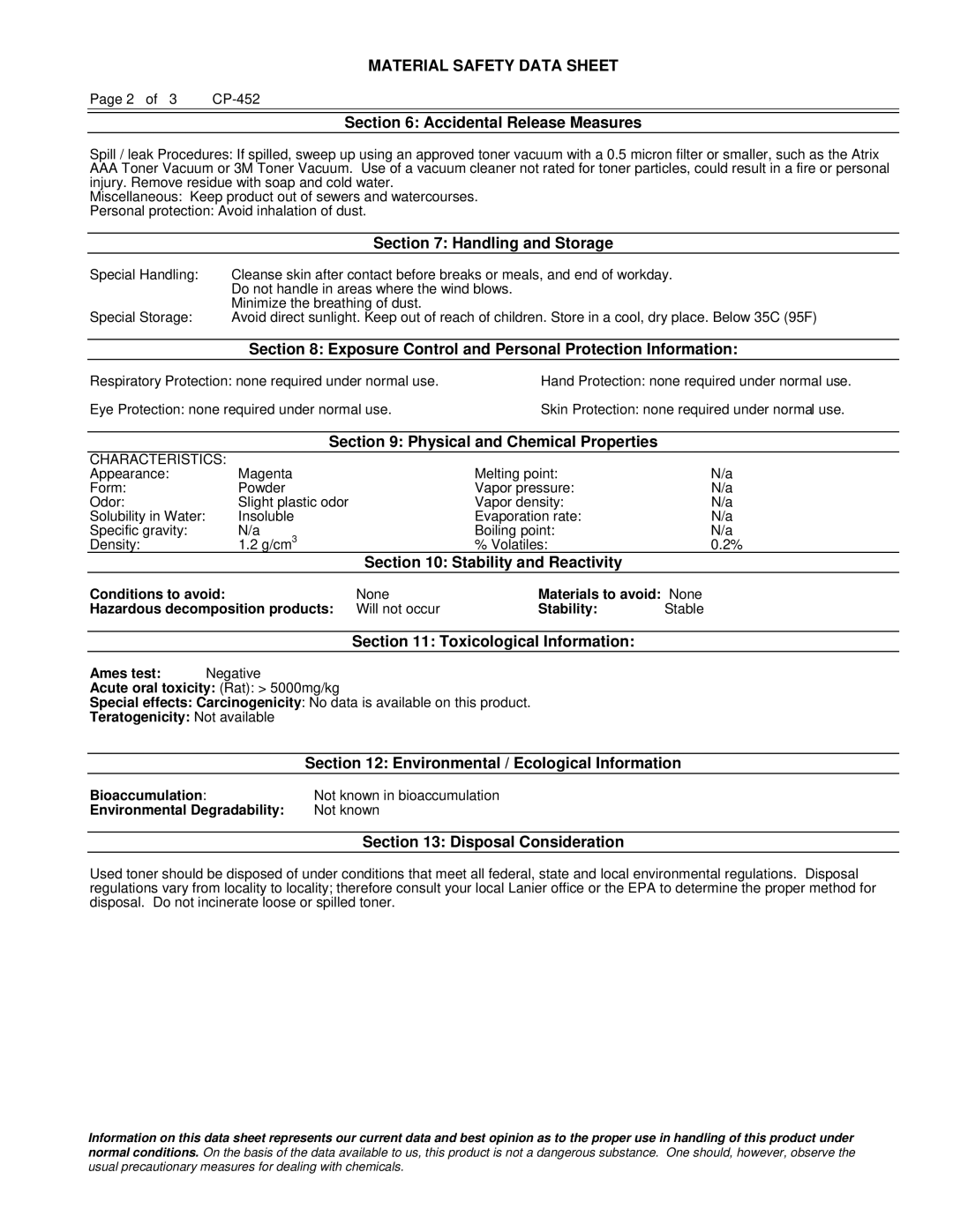 Lanier LD160C Accidental Release Measures, Handling and Storage, Exposure Control and Personal Protection Information 