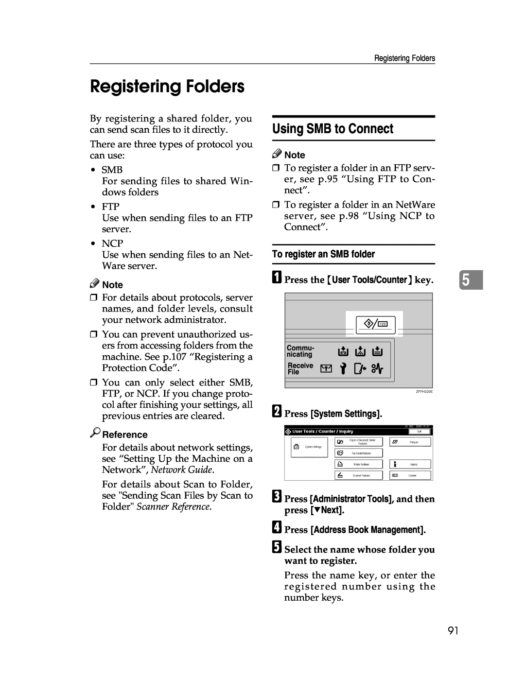 Lanier LD230 Registering Folders, Using SMB to Connect, To register an SMB folder, Reference, B Press System Settings 