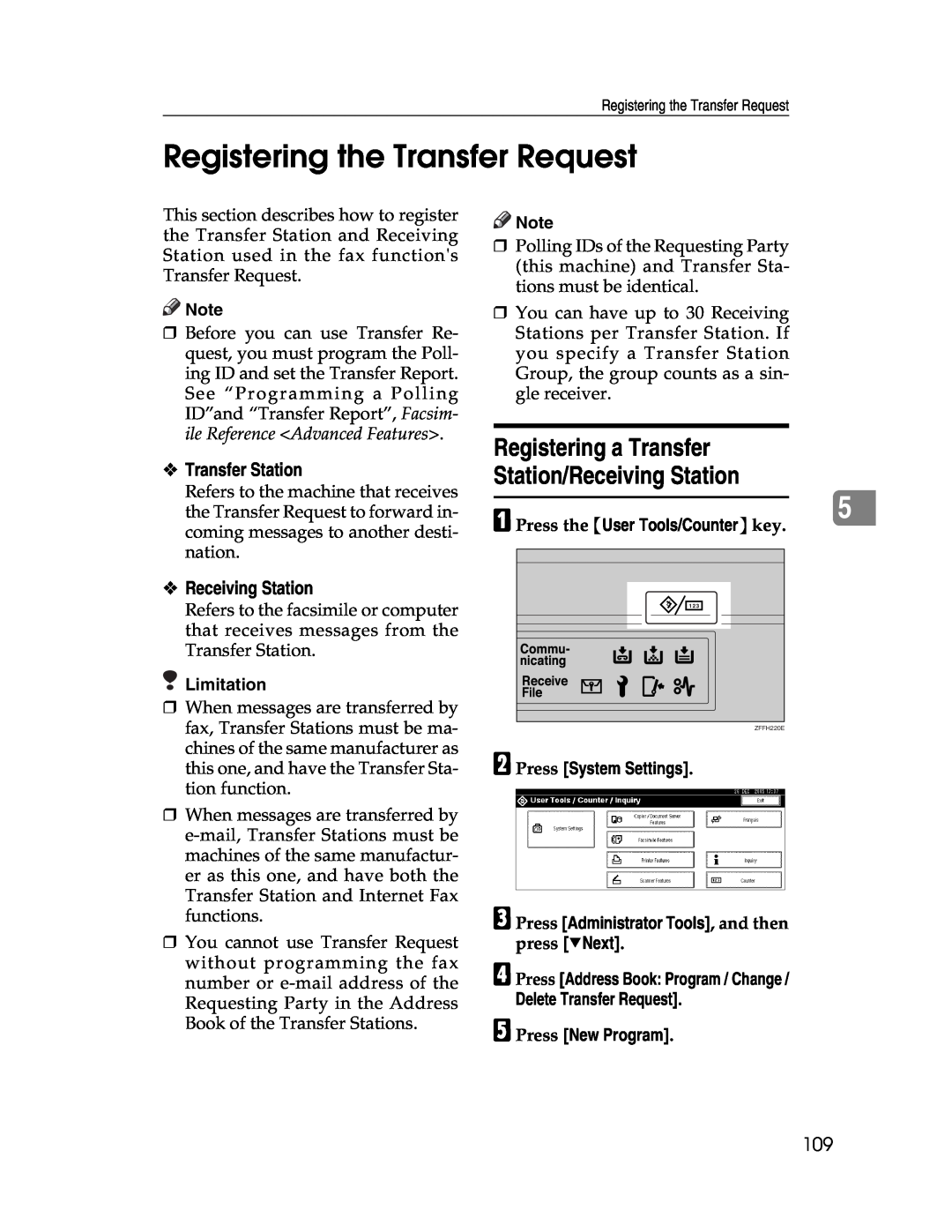Lanier LD230, LD225 manual Registering the Transfer Request, Registering a Transfer Station/Receiving Station, Limitation 