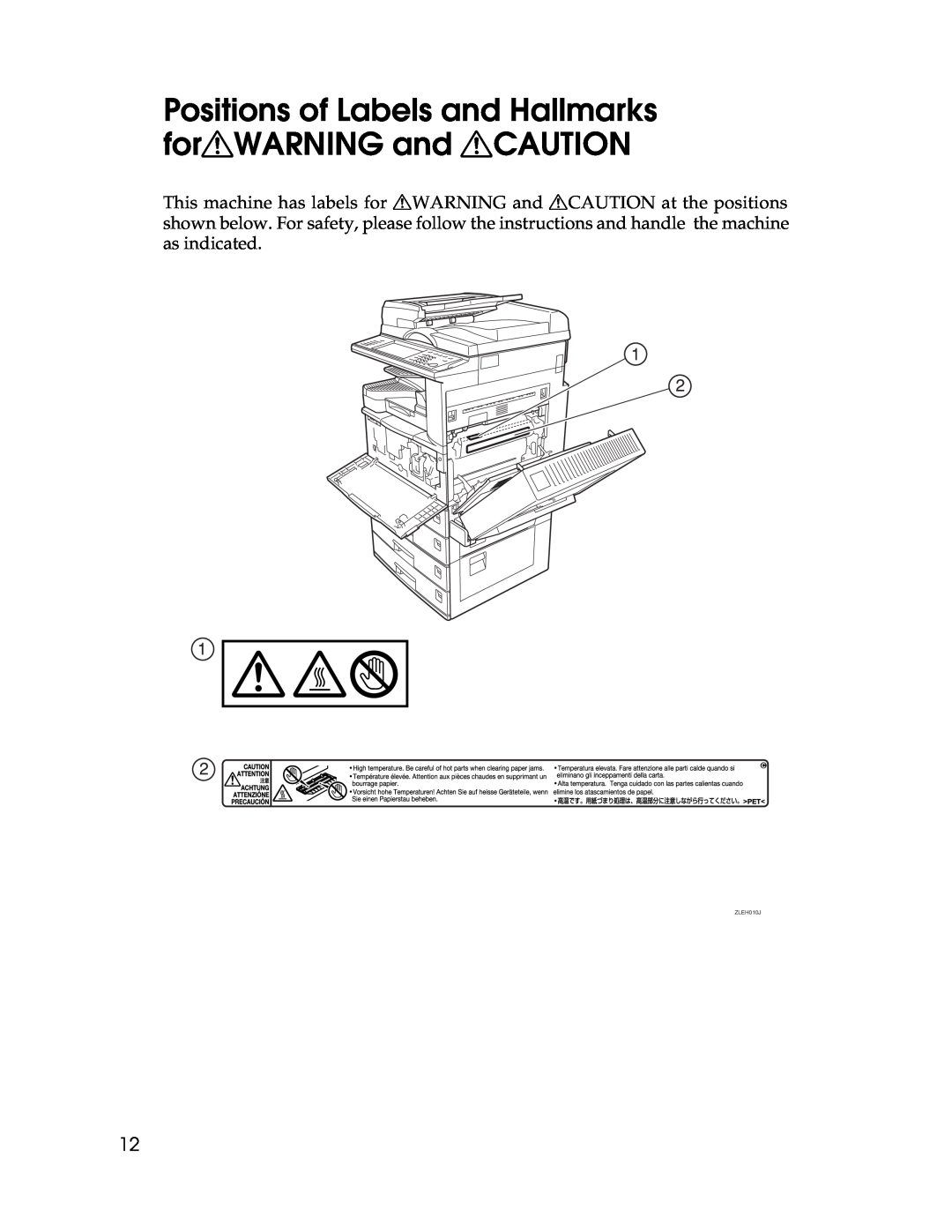Lanier LD225, LD230 manual Positions of Labels and Hallmarks forRWARNING and RCAUTION, ZLEH010J 