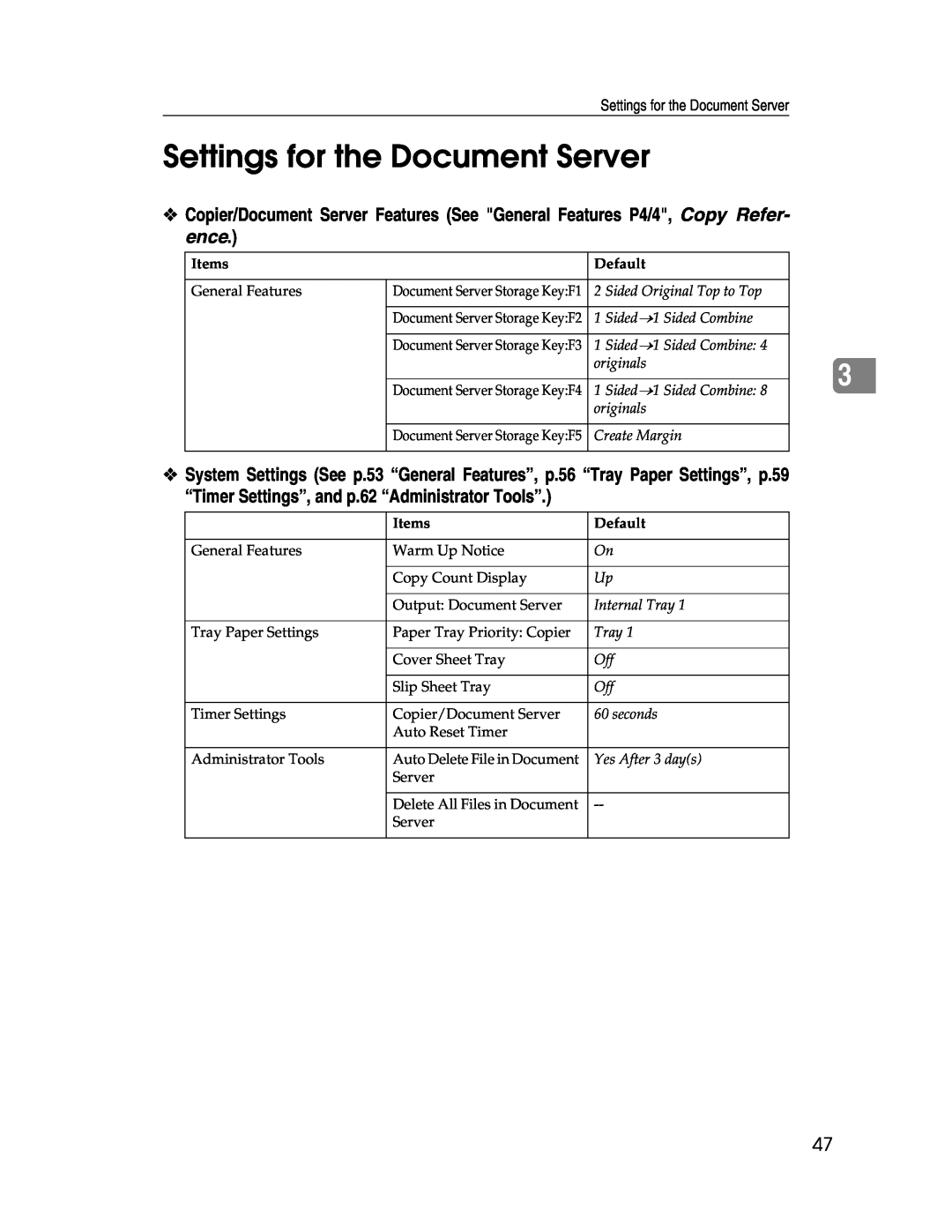 Lanier LD230, LD225 manual Settings for the Document Server, Items, Default 