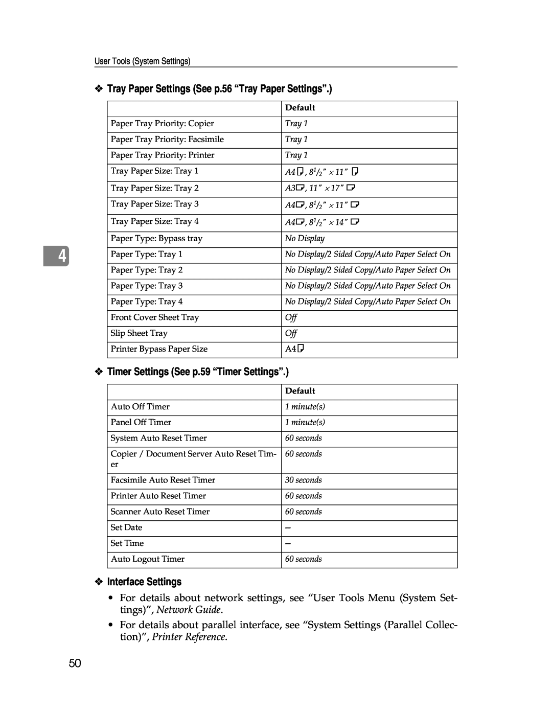 Lanier LD225, LD230 manual Tray Paper Settings See p.56 “Tray Paper Settings”, Timer Settings See p.59 “Timer Settings” 