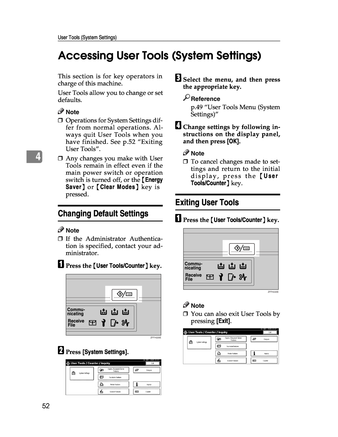 Lanier LD225 Accessing User Tools System Settings, Changing Default Settings, Exiting User Tools, B Press System Settings 