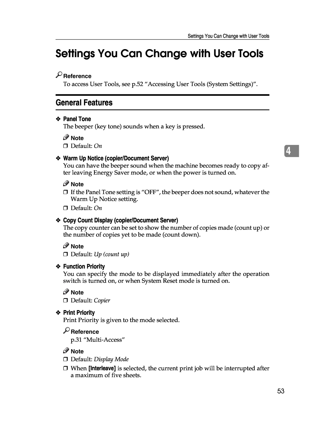 Lanier LD230 Settings You Can Change with User Tools, General Features, Panel Tone, Warm Up Notice copier/Document Server 
