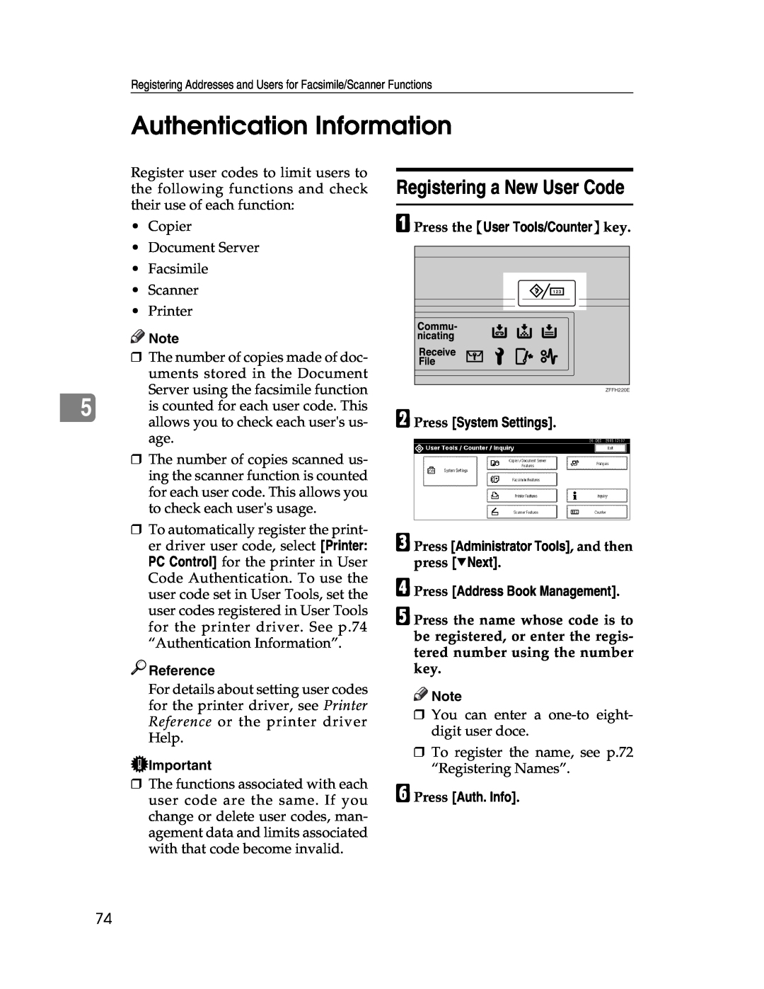 Lanier LD225, LD230 manual Authentication Information, Registering a New User Code, F Press Auth. Info, Reference 
