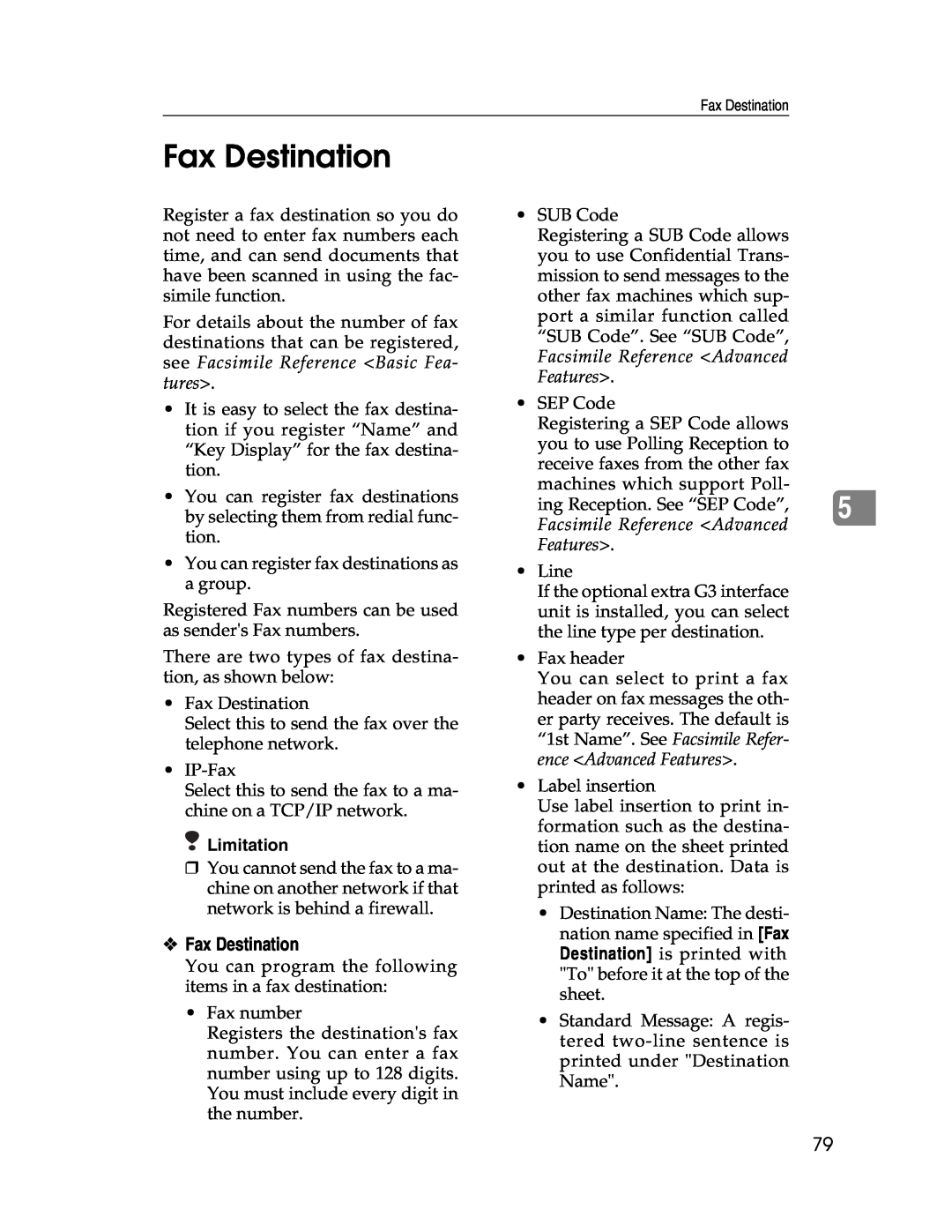 Lanier LD230, LD225 manual Fax Destination, Limitation 