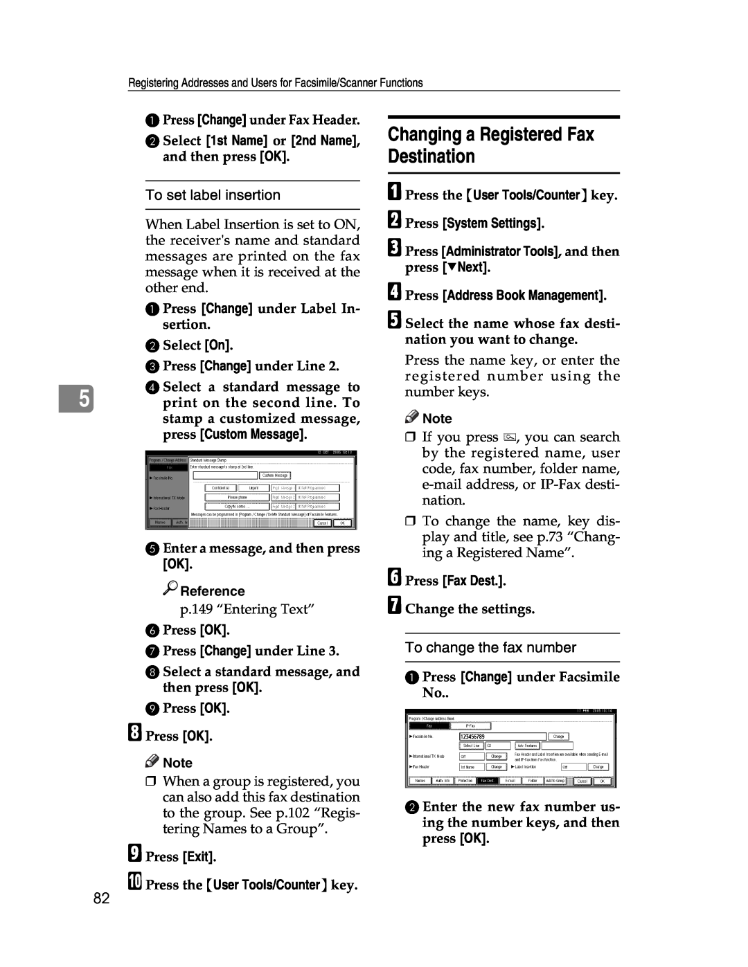 Lanier LD225, LD230 Changing a Registered Fax Destination, To set label insertion, To change the fax number, B Select On 