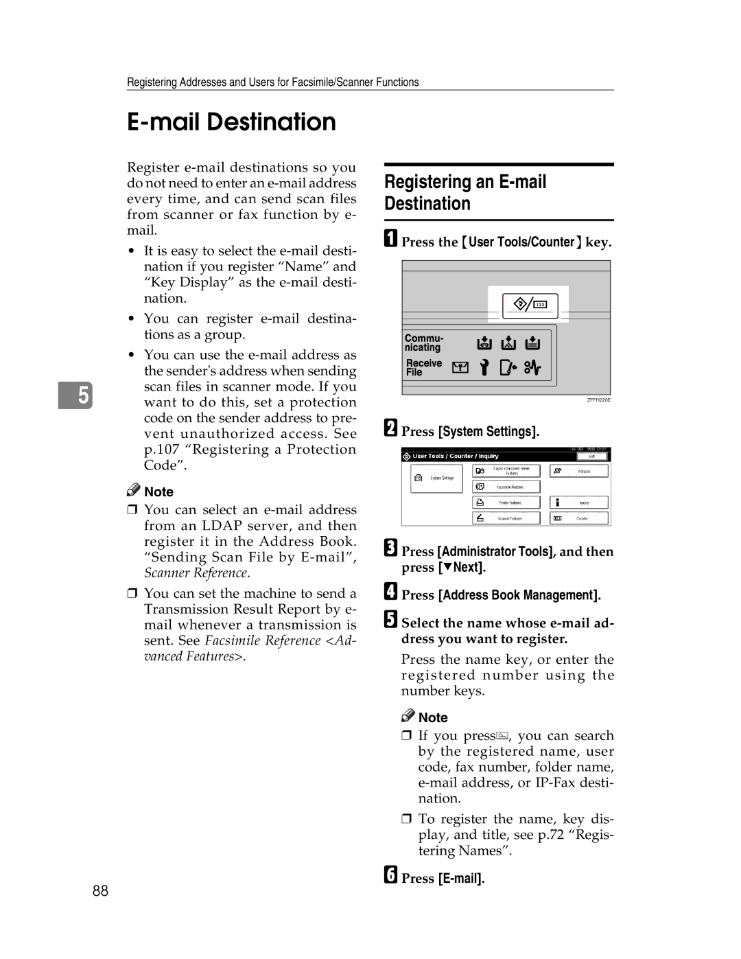 Lanier LD225, LD230 manual Mail Destination, Registering an E-mail Destination, Press E-mail 