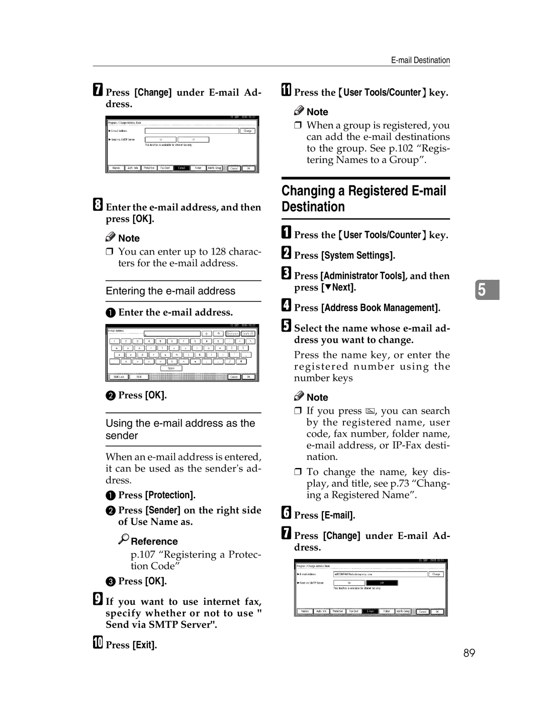 Lanier LD230 Changing a Registered E-mail Destination, Entering the e-mail address, Using the e-mail address as the sender 