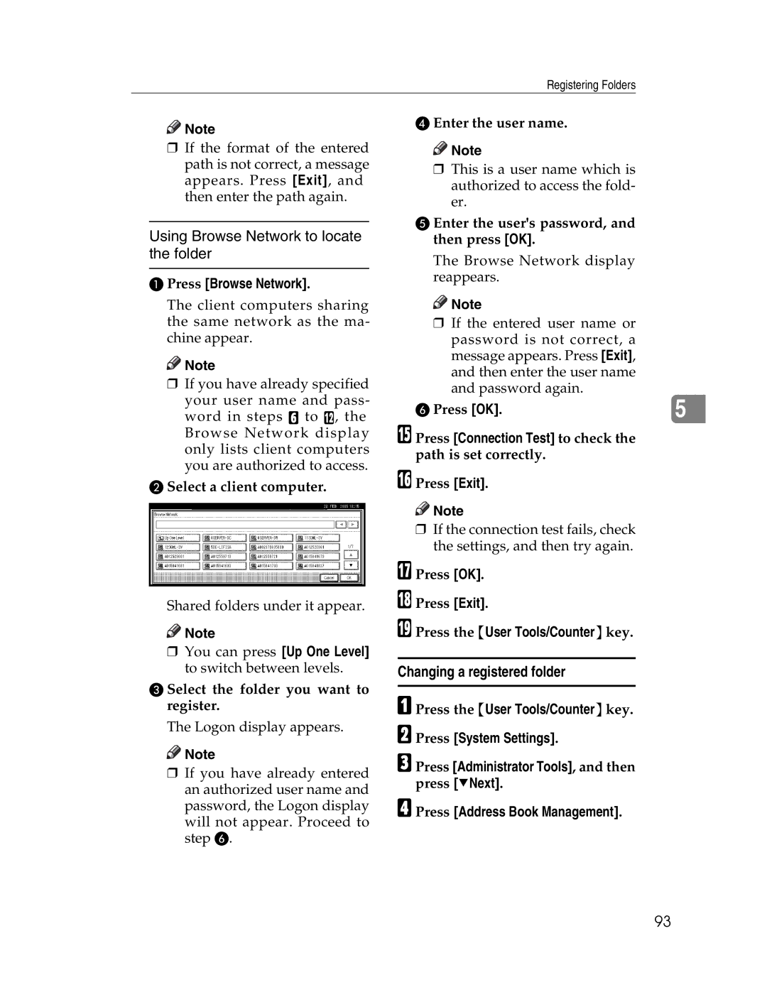 Lanier LD230, LD225 manual Using Browse Network to locate the folder, Changing a registered folder, Press Browse Network 