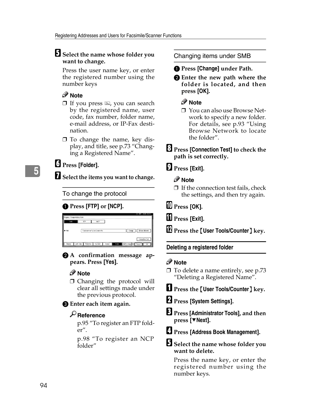 Lanier LD225, LD230 manual Changing items under SMB, Deleting a registered folder, Press FTP or NCP 