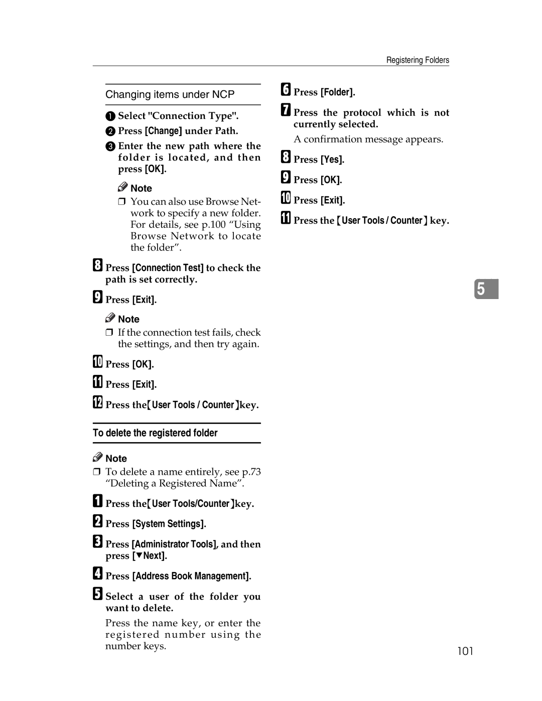 Lanier LD230, LD225 manual Changing items under NCP, To delete the registered folder, 101, Press theUser Tools / Counterkey 