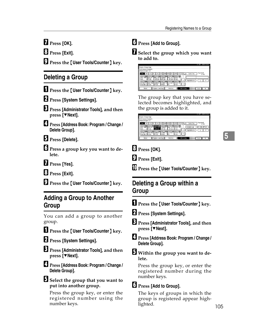 Lanier LD230, LD225 manual Adding a Group to Another Group, Deleting a Group within a, 105 