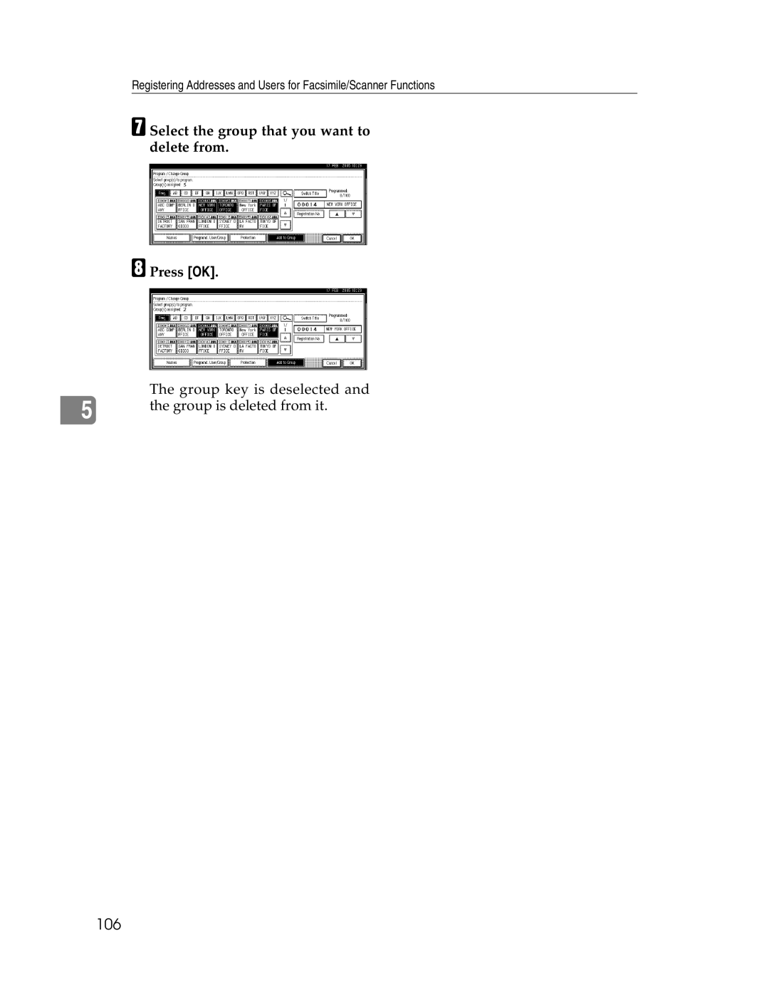 Lanier LD225, LD230 manual 106, Select the group that you want to delete from Press OK 