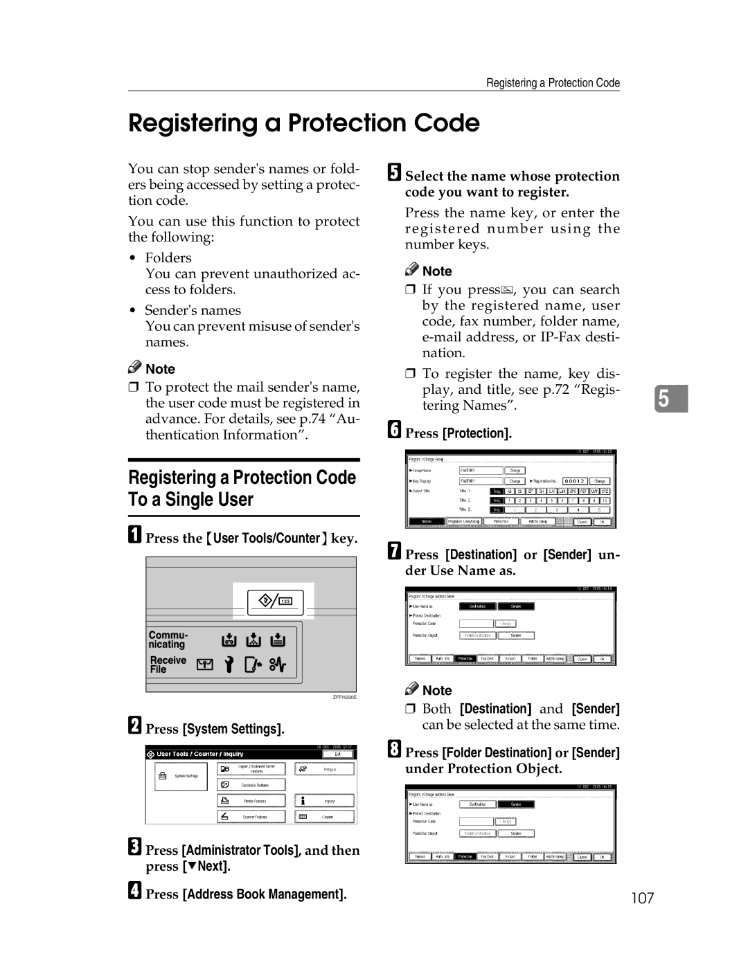 Lanier LD230, LD225 manual Registering a Protection Code To a Single User, 107 