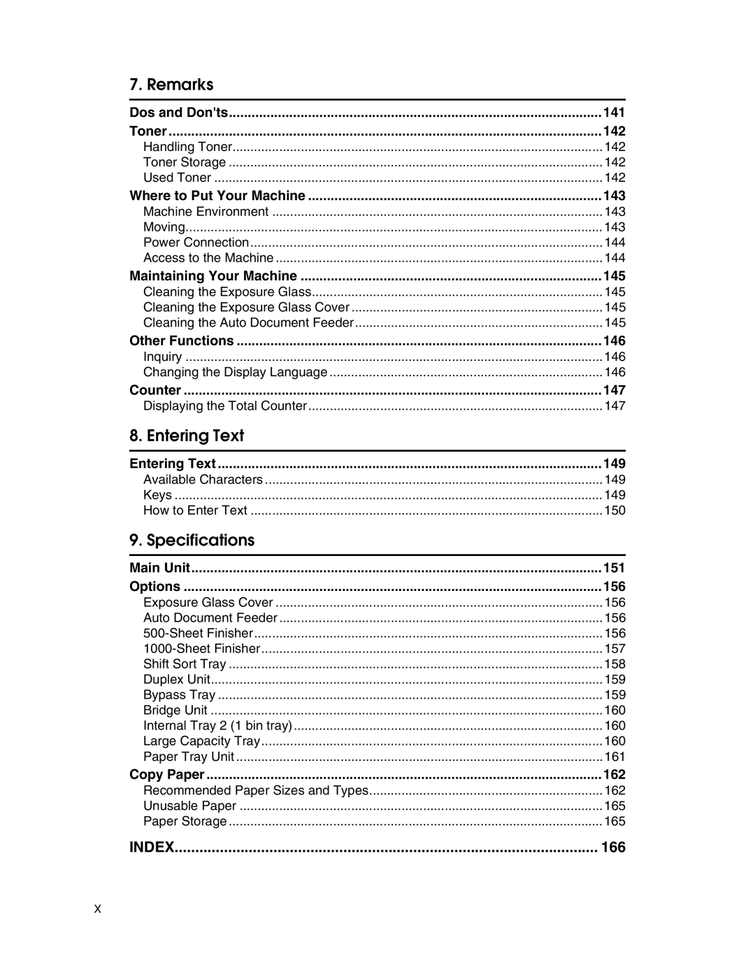 Lanier LD225 Dos and Donts 141 Toner 142, Where to Put Your Machine 143, Maintaining Your Machine 145, Other Functions 146 