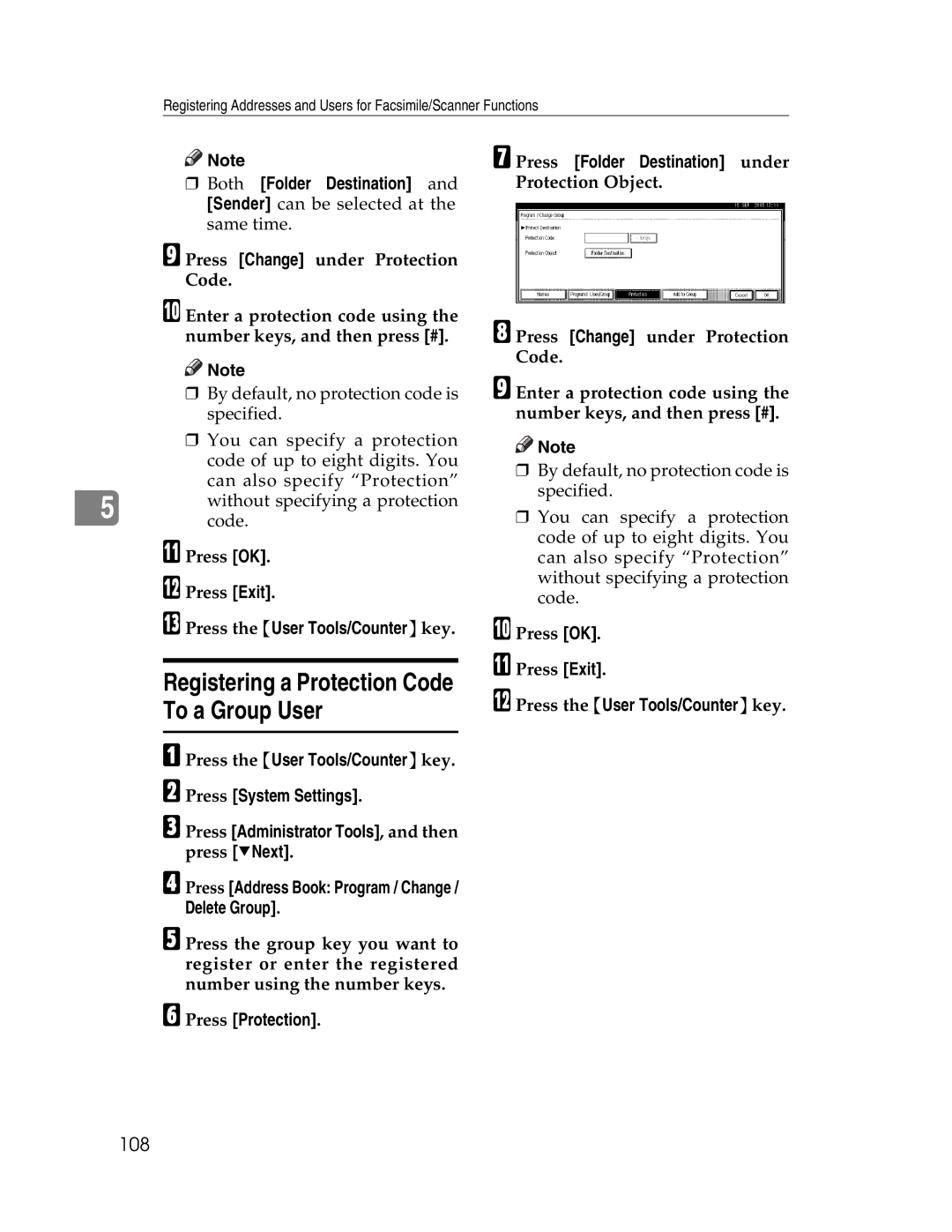 Lanier LD225, LD230 manual Registering a Protection Code To a Group User, 108, Both Folder Destination 