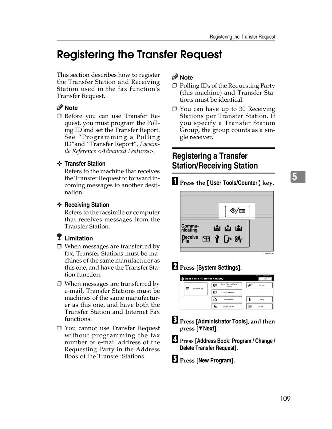 Lanier LD230, LD225 manual Registering the Transfer Request, Registering a Transfer Station/Receiving Station, 109 