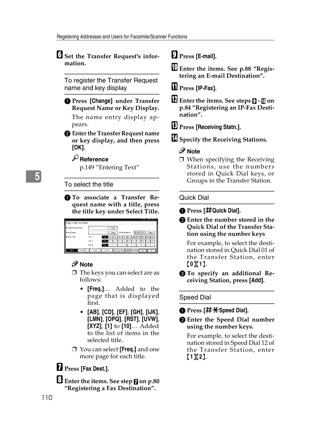 Lanier LD225 manual To register the Transfer Request name and key display, To select the title, Quick Dial, Speed Dial, 110 