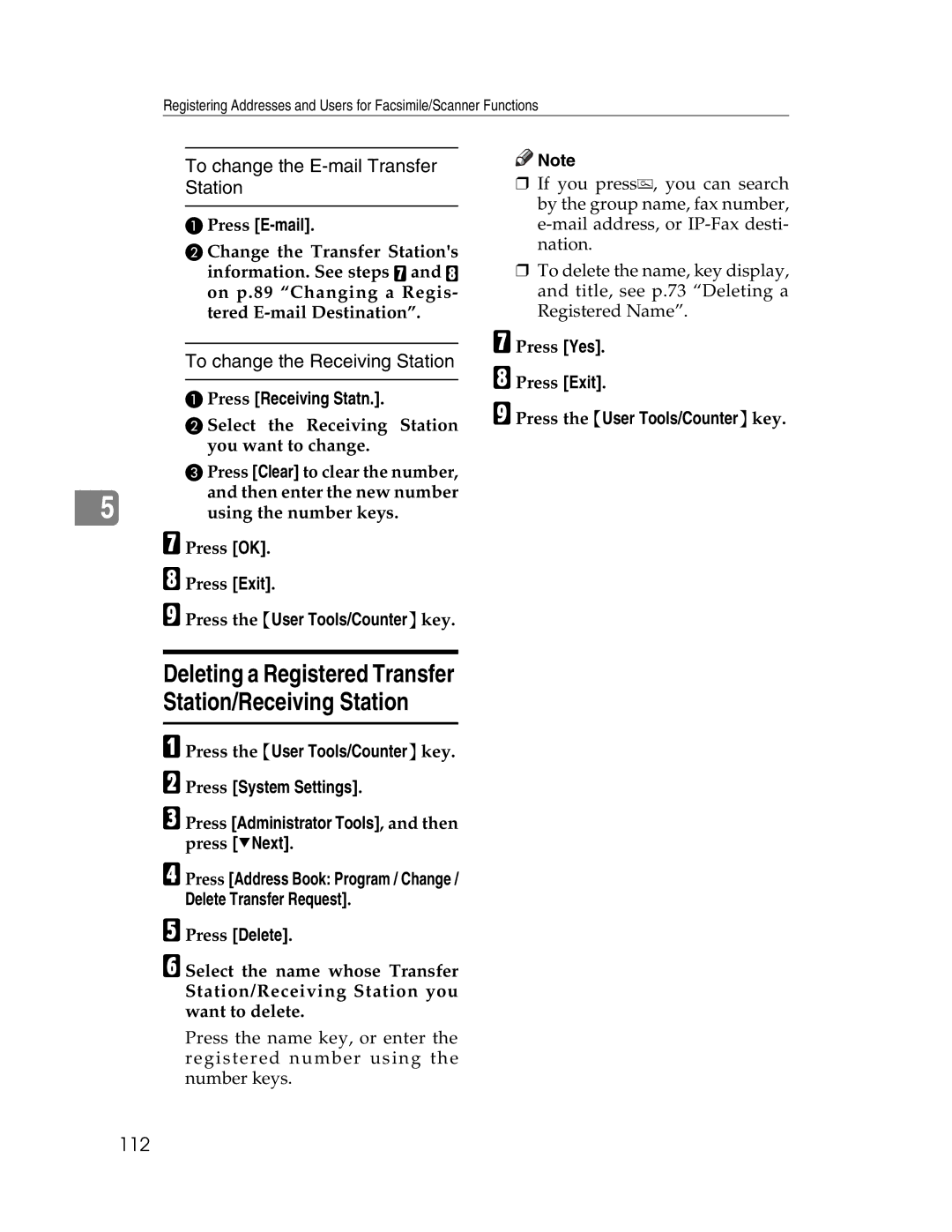 Lanier LD225, LD230 manual To change the E-mail Transfer Station, To change the Receiving Station, 112 