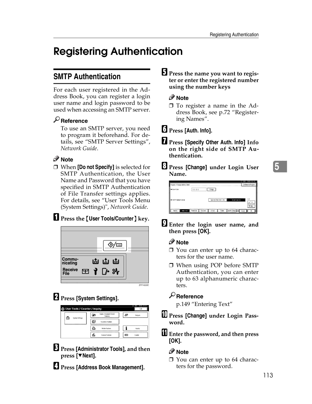 Lanier LD230, LD225 manual Registering Authentication, Smtp Authentication, 113 