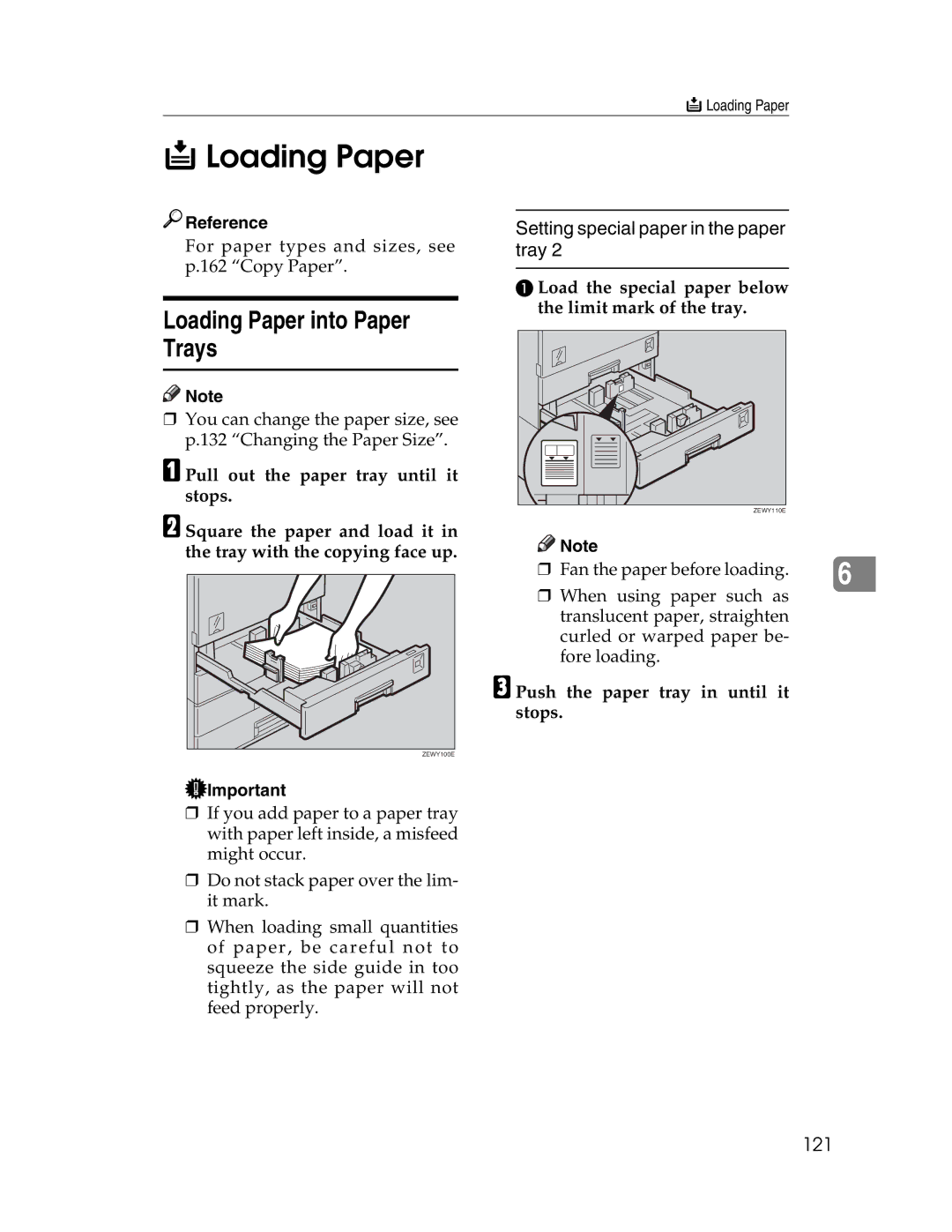 Lanier LD230, LD225 manual Loading Paper into Paper Trays, Setting special paper in the paper tray, 121 