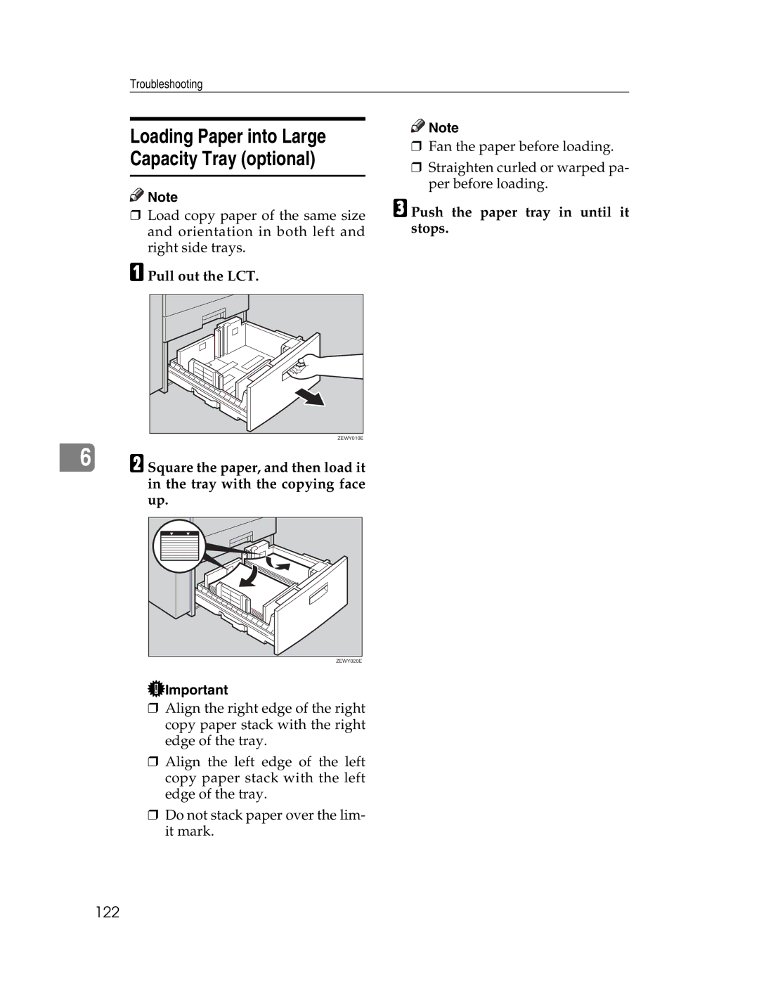 Lanier LD225, LD230 manual Loading Paper into Large Capacity Tray optional, 122, Pull out the LCT 