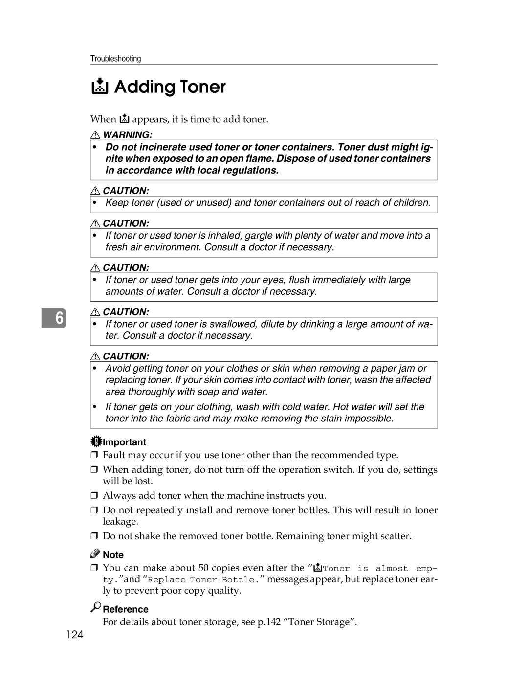 Lanier LD225, LD230 manual Adding Toner, 124 