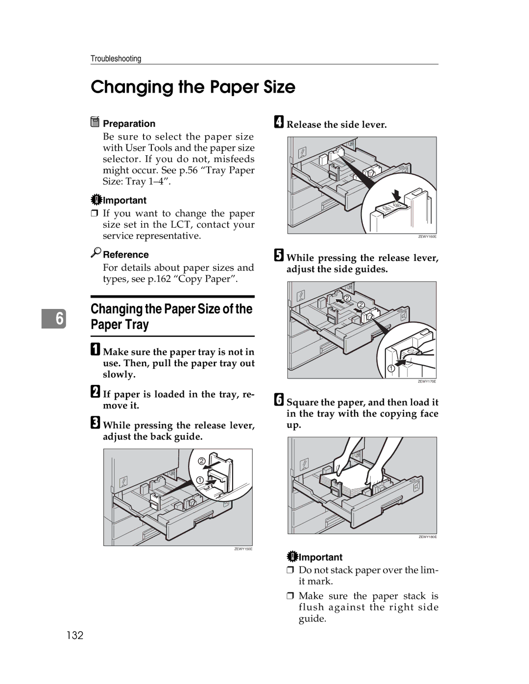 Lanier LD225, LD230 Changing the Paper Size, Paper Tray, 132, While pressing the release lever, Adjust the side guides 