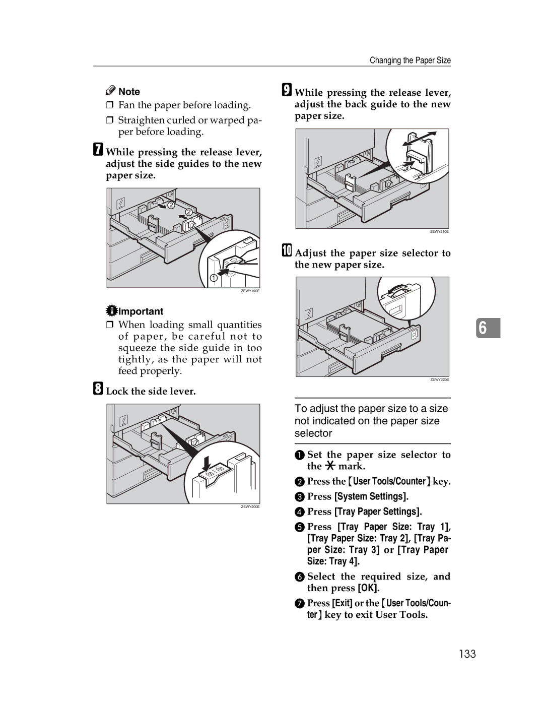 Lanier LD230, LD225 manual 133, Lock the side lever, Adjust the paper size selector to the new paper size 