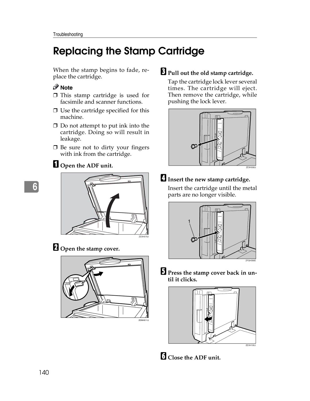 Lanier LD225, LD230 manual Replacing the Stamp Cartridge, 140 