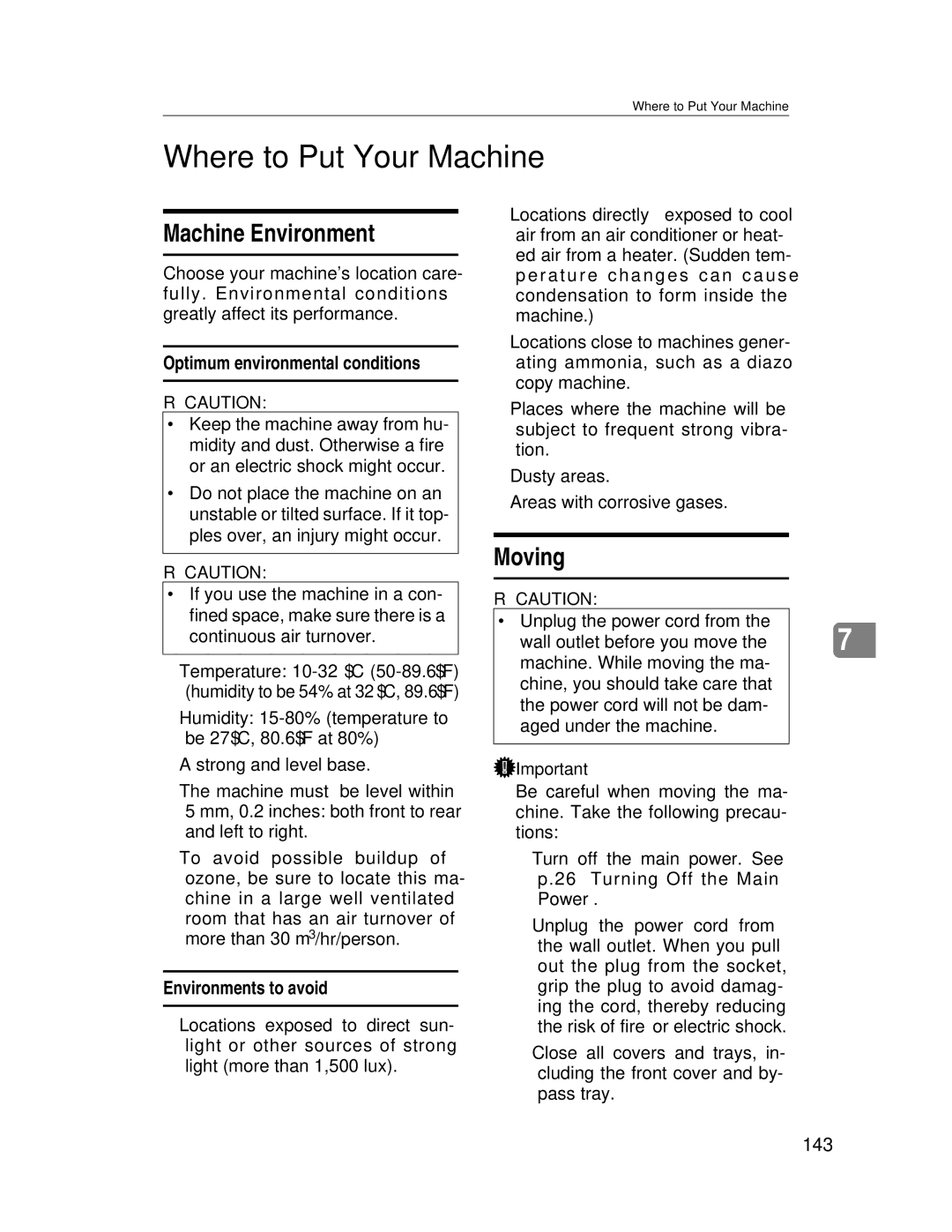 Lanier LD230, LD225 manual Where to Put Your Machine, Machine Environment, Moving, Optimum environmental conditions 